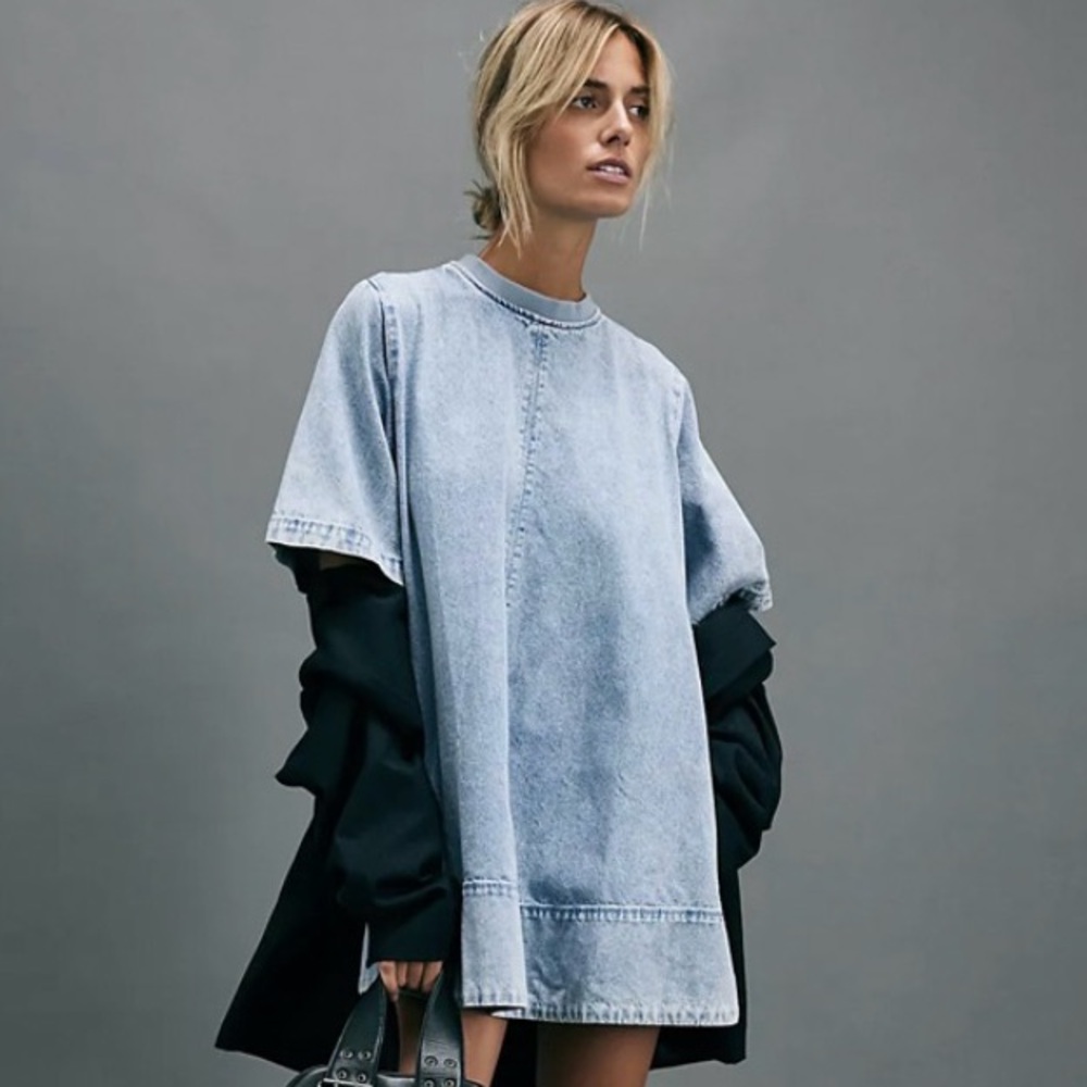 NWT Free People x We The Free Harlow Denim Shift Mini Dress in Ocean Blue